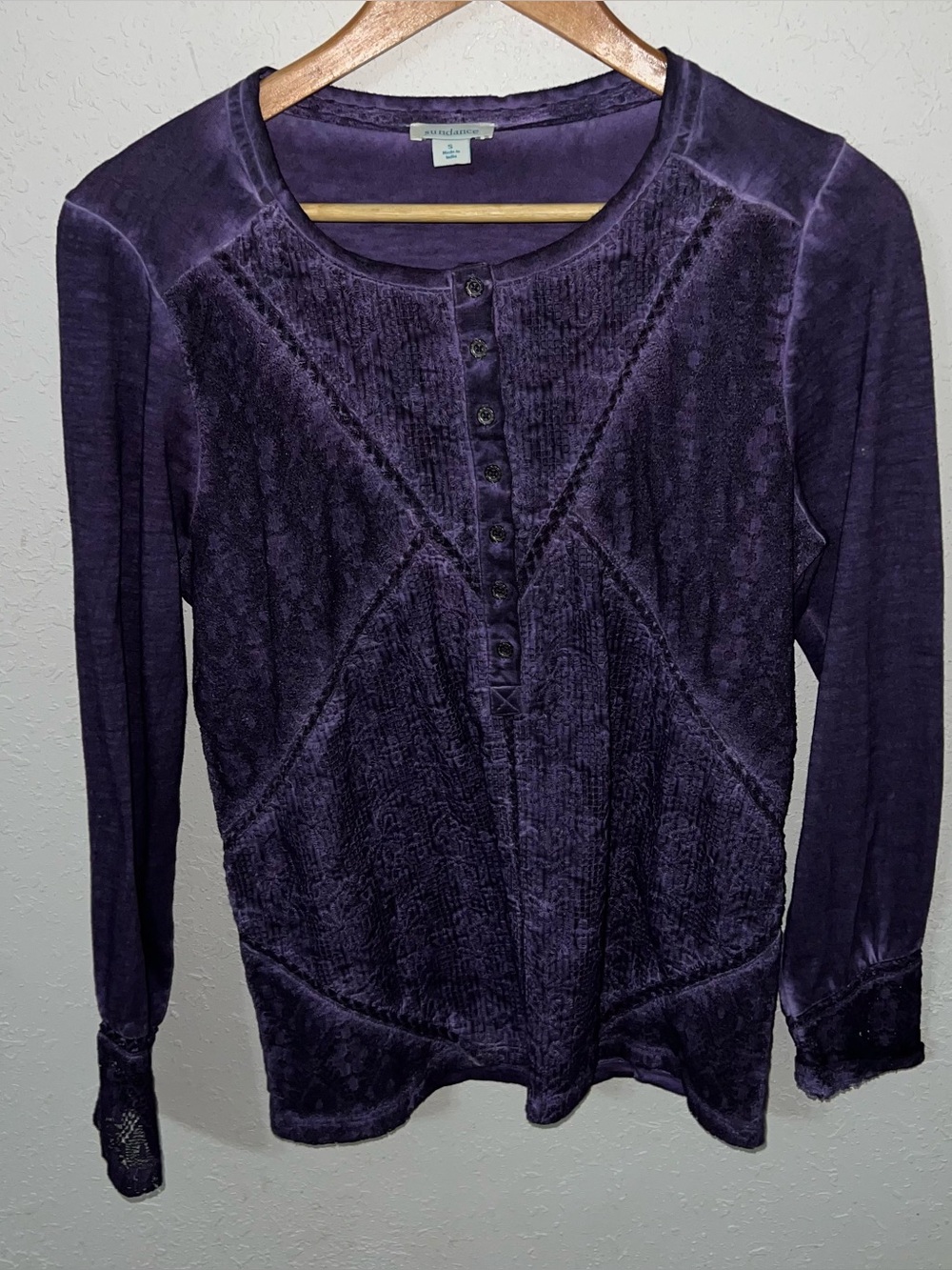 Sundance embroidered lace panel henley shirt in a mineral-washed purple shade